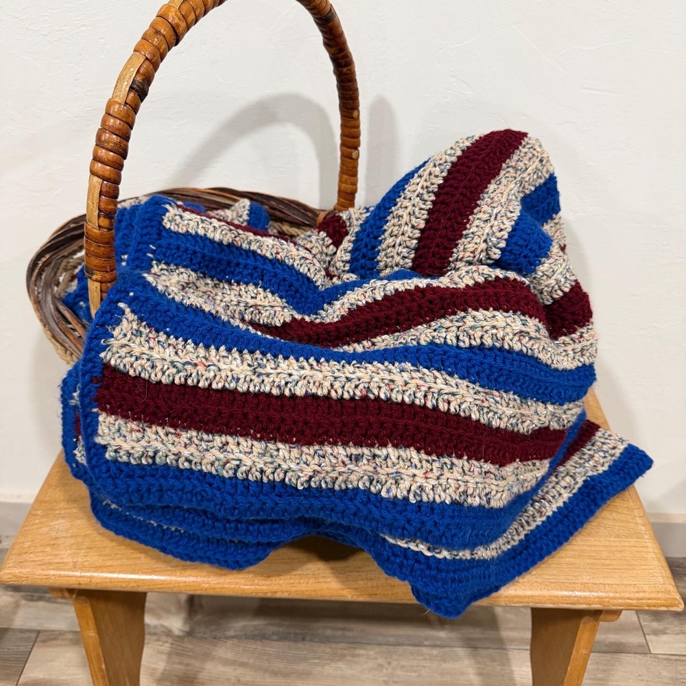 Hand Crocheted Vintage Afghan Blanket Blue Red Americana Cottagecore